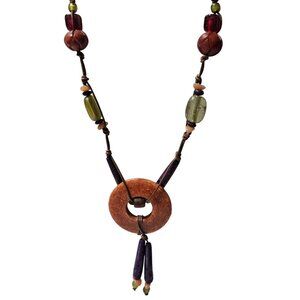 Handmade Boho Wooden Ring Necklace Purple Carved Beads Leather Cord Jewelry